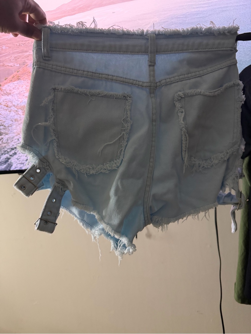 SHEIN Light Blue Distressed Denim Shorts with Side Buckles
